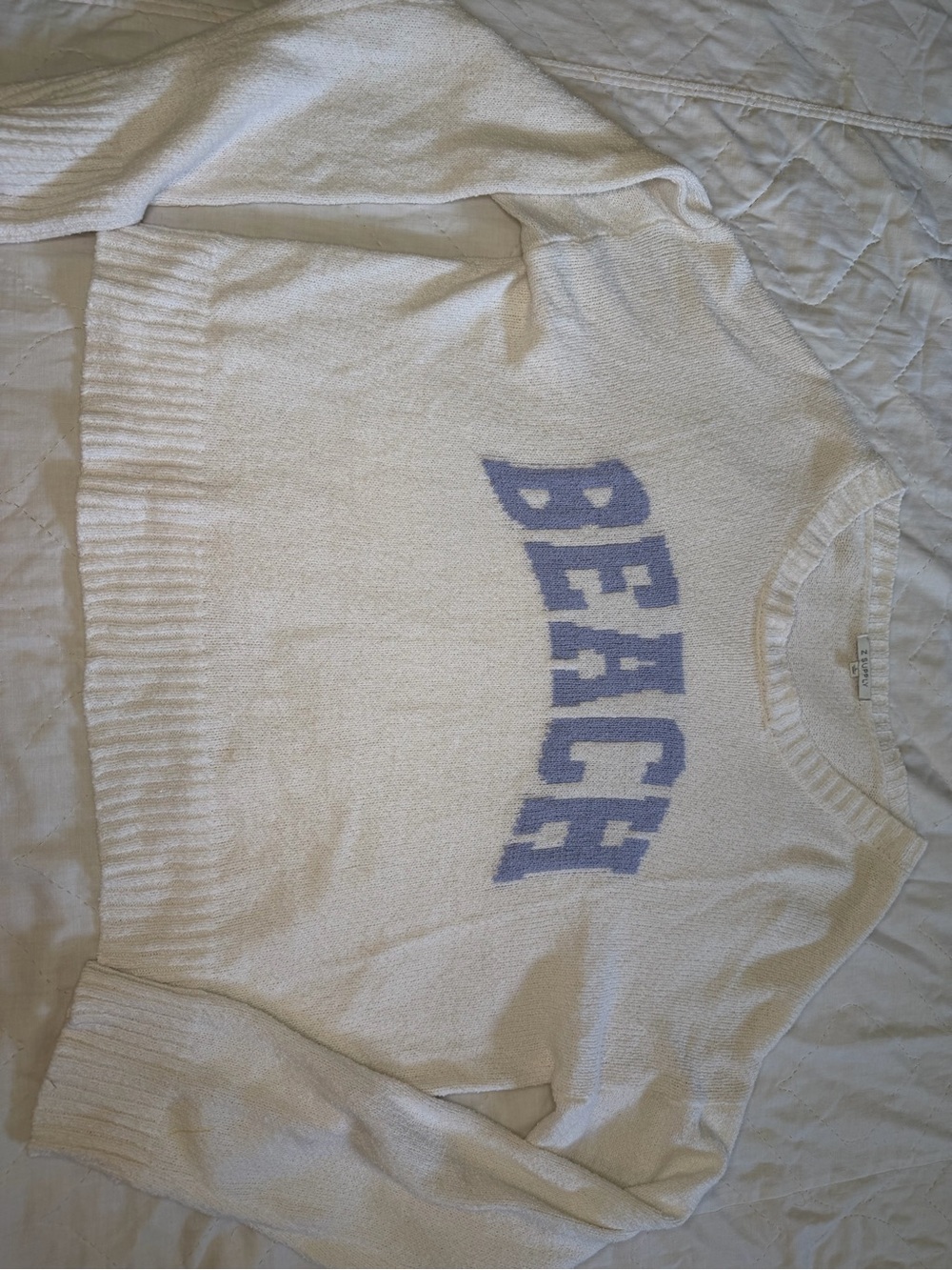 Z Supply Ivory Crewneck Sweater with Lavender 'BEACH' Lettering